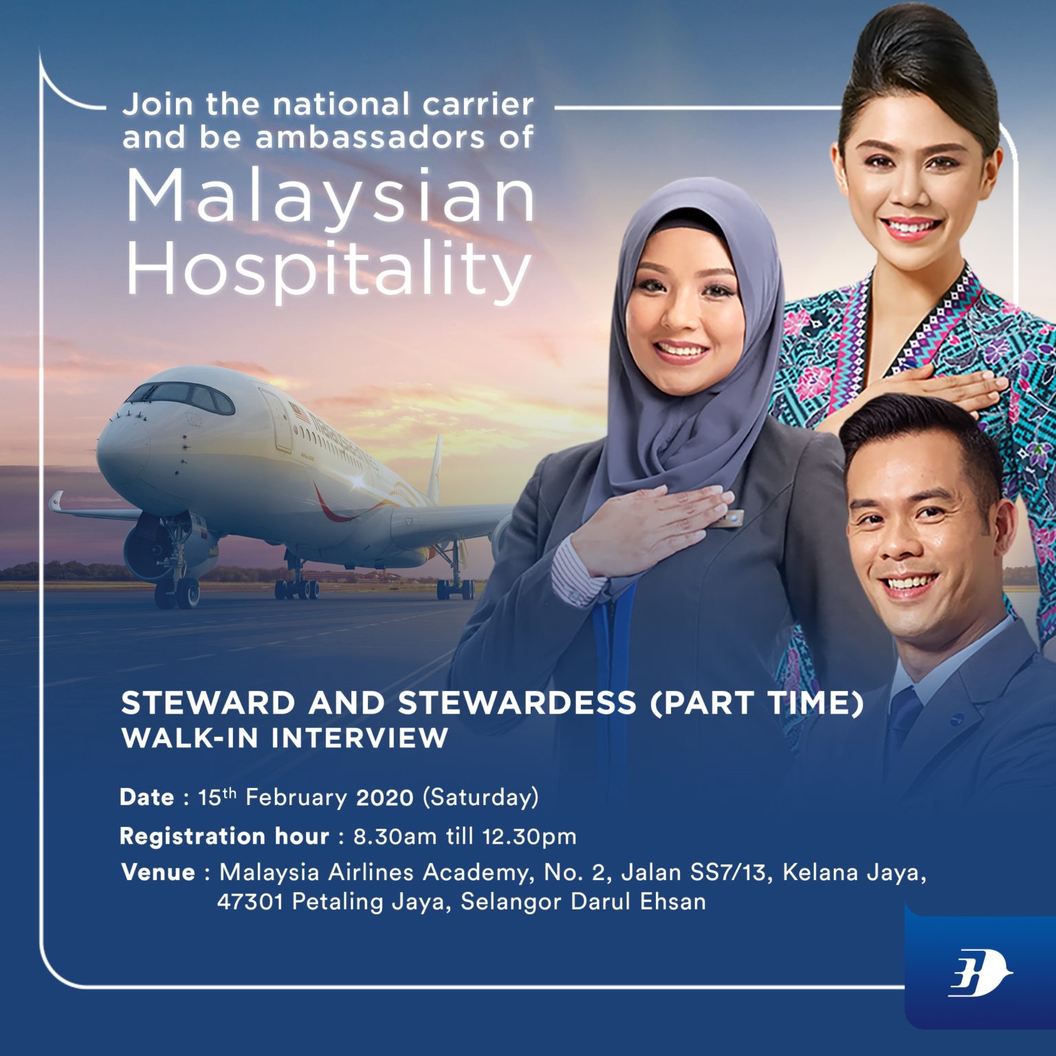 Malaysia Airlines Cabin Crew Walk-In-Interview ( Part Time) February 2020