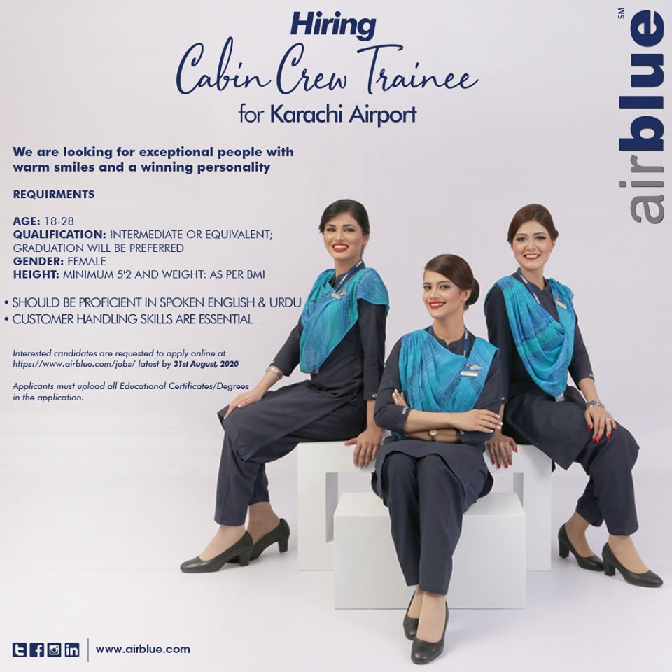 Airblue Cabin Crew Trainee Hiring (August 2020 )  - Apply Here 