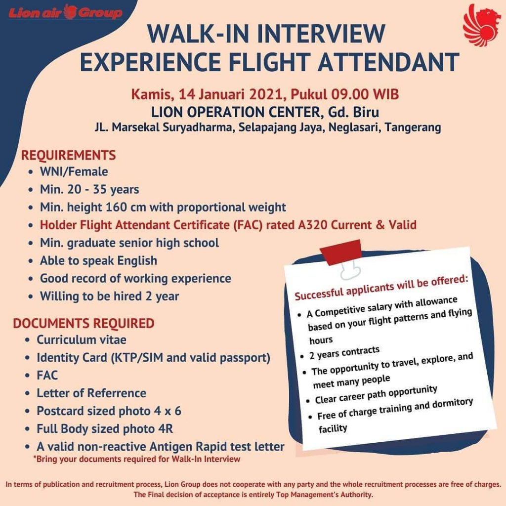 Lion Air Flight Attendant Walk-In Interview ( January 2021 ) - Apply Here 